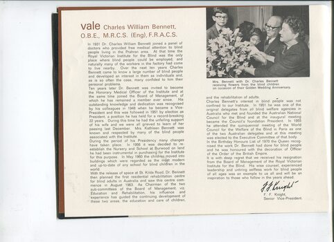 Picture of Mr and Mrs Bennett receiving flowers from children and article on resignation of Charles Bennett