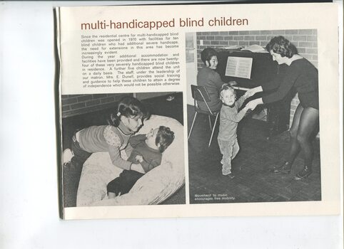 Update on children with multiple disabilities and pictures of a child in a bean bag and dancing with a teacher as a piano plays