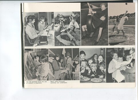 Pictures of children in the classroom, playing, at Scouts, at snack time and undergoing a check up