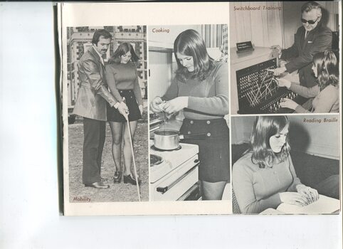 Pictures of a young woman using a white cane, cooking, being trained on a switchboard and reading braille