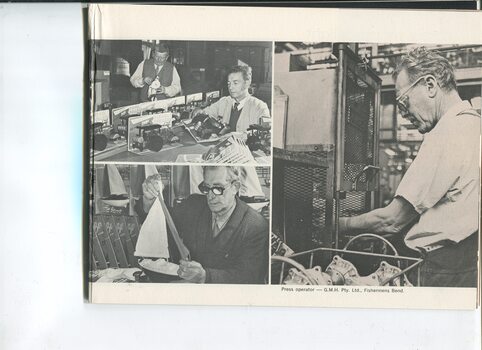 Pictures of men packaging diesel roller and yacht toys and as a press operator at General Motors Holden
