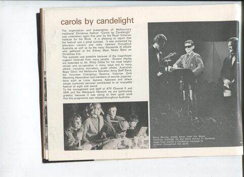 Carols by Candlelight update with pictures of a family at Carols and Barry Murray on stage