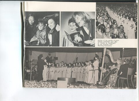 Pictures of a boy singing with John Farnham, torch bearers procession, a choir on stage and a family at the event