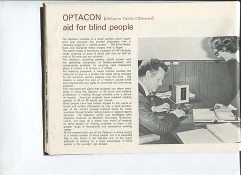 Article on the OPTACON and picture of a man using one whilst a woman moves the camera across a page
