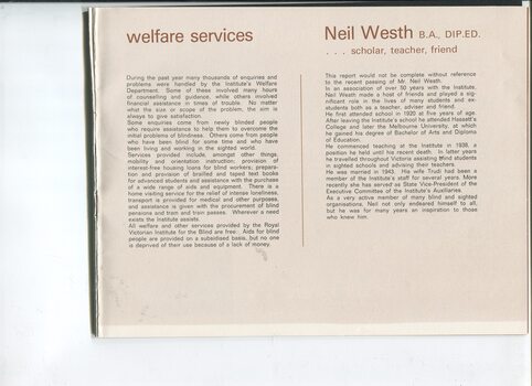 Update on welfare services and profile on the passing of Neil Westh