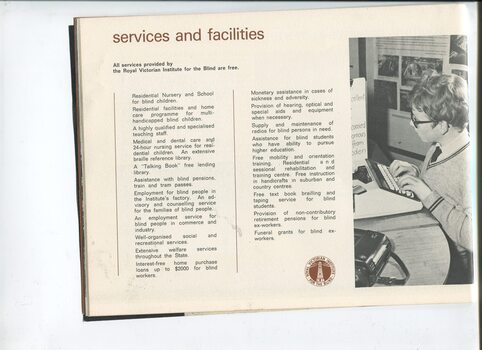 Listing of services and facilities and picture of a school boy typing from a large page