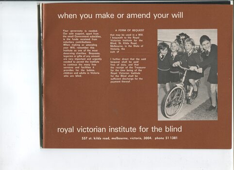 Form of Bequest and picture of schoolgirls assist another to ride a bike