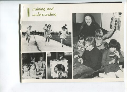 Pictures of children running, playing piano, playing and making music
