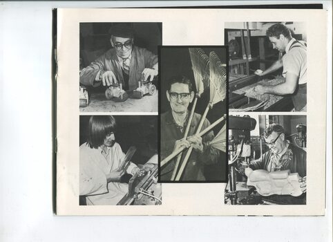 Pictures of workers making children's toys, a coir mat, packaging an item and holding rakes.