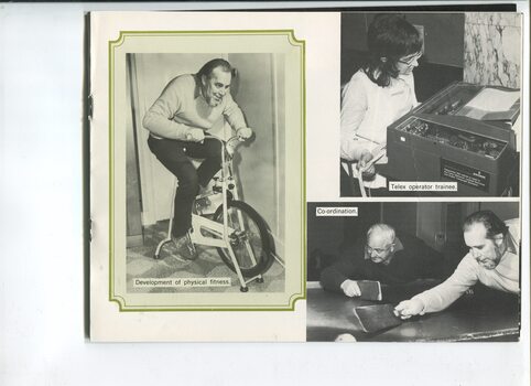 PIctures of a man on an exercise bike and playing swish, and a woman learning to operate a Telex machine