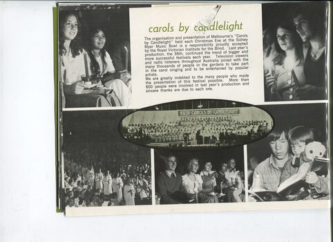 Update on Carols by Candlelight and pictures of various crowd members, the combined choirs on stage and torchlight procession