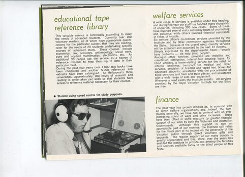 Update on the student library, welfare services and finance and picture of male listening to a study book