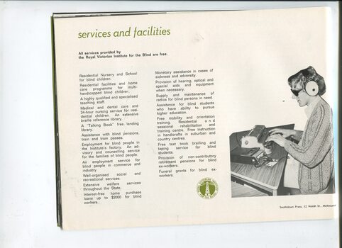 Listing of services and facilities and picture of male using a Perkins whilst listening to a cassette