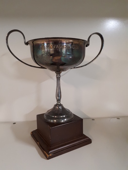 Silver cup with two oversized handles on wooden base
