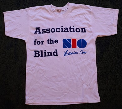 White t-shirt with Association for the Blind and SIO logos - front view