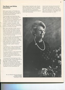 Portrait of Mrs Meyerson, in a black dress and pearl necklace, the new President of the Black and White Committee