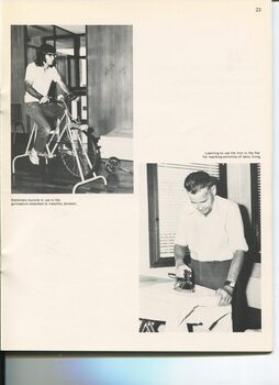 A man rides a stationary cycle in the gym whilst another irons a shirt