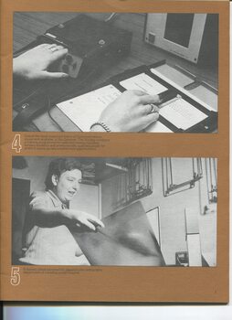 A woman using an Optacon and a former client in their workplace