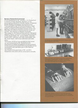 Two people look at Braille volumes on shelves, various models of Talking Book Machines and two hands read a page in a Braille book