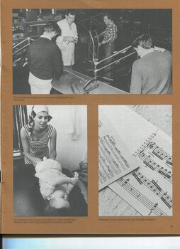 Bicycle production line, a woman with a baby and enlarged sheet music