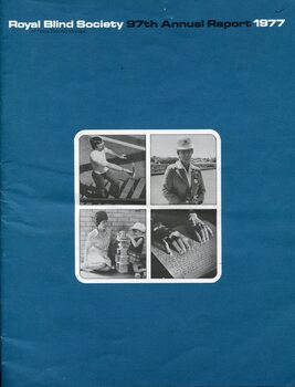 Blue cover with four small images: man walking upstairs, female lawn bowler, child builds block tower, hands reading braille.