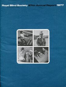 Blue cover with four small images: man using a white cane walking upstairs, female lawn bowler, child builds block tower whilst woman looks on, hands reading braille.