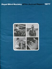 Blue cover with four small images: man walking upstairs, female lawn bowler, child builds block tower, hands reading braille.