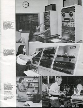 Women using Telex recorders, duplicators and video equipment and man making coat hanger in workshop