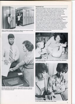 Compactus in Braille library, Bill Jolley with Joan Lederman, Robin Wellington conducts sight assessment and field officer assists a female Braille reader