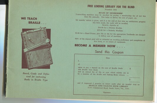 Illustration of Braille board, guide and stylus, rules of library membership and member application