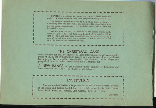 Description of Braille, Christmas cake sale and invite to AGM on inside of front cover