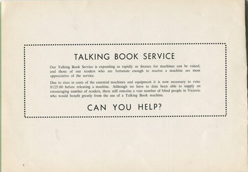 Talking Book Service advertisement and request for funds to pay for a machine