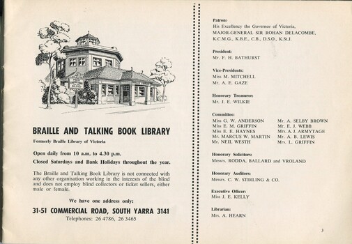 Drawing of library, organisation details and list of patron, president, committee, executive officer and librarian