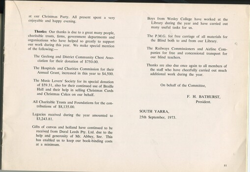 President's report including acknowledgements to benefactors
