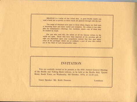 Explanation of Braille and invitation to AGM