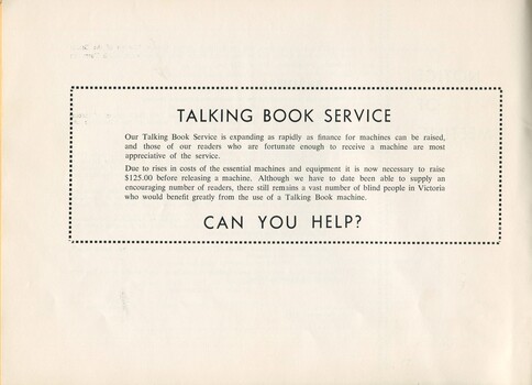 Talking book service information including cost of player