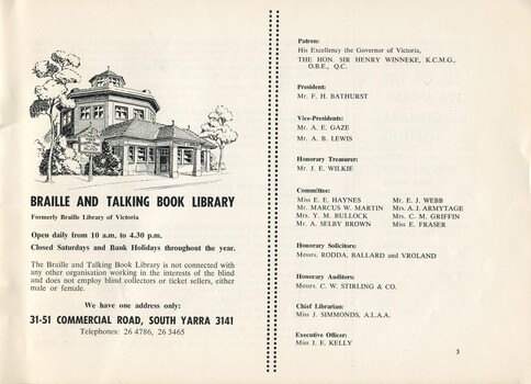 Illustration of building and list of Patron, President, Committee Members and Senior Staff