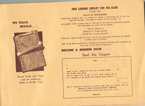 Rules of Membership, application to join and drawing of Braille board, guide and stylus