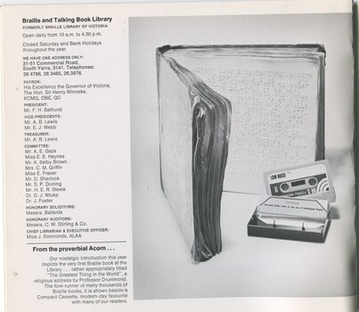 The very first Braille book in the library and a cassette