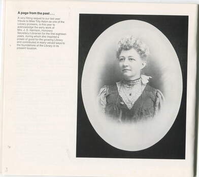Portrait photograph of May Harrison, first librarian of the Braille library