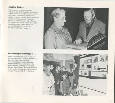 Joyce Cunnington with Geoff Wilson and showcase in honour of Joan Armytage