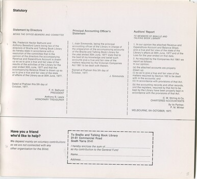 Statutory statement by directors, auditor's report and information on how to donate