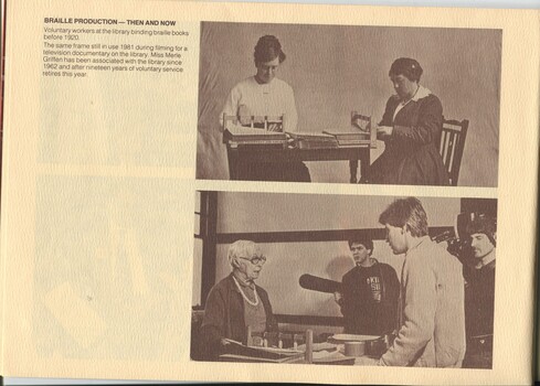 Two women bind braille books prior to 1920 and same equipment in use during a television documentary