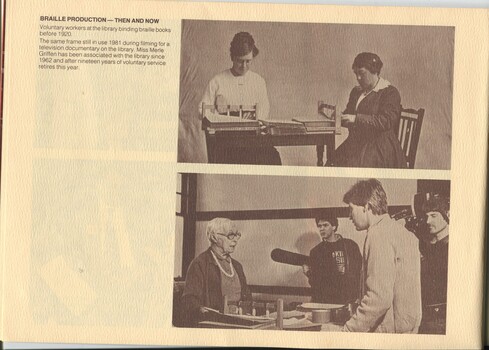 Two women bind braille books prior to 1920 and same equipment in use today