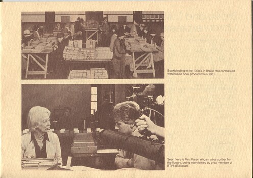 Bookbinding in Braille Hall circa 1920's and Karen Wigan showing a television crew member how a Perkins is used