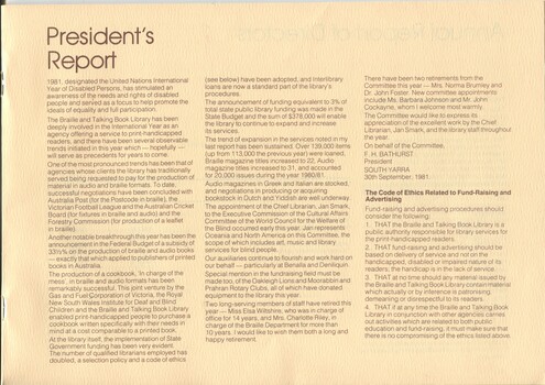 President's Report and Code of Ethics