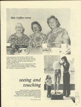 Merle Griffin at her retirement party with Gladys Fanning and E. Haynes, and Janene Morrison touches a sculpture at National Gallery with a child looking on