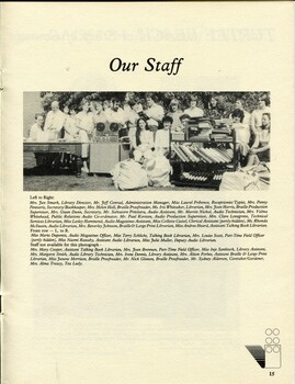 Photograph of staff with listing of names and positions for all staff members in the library
