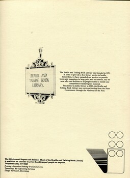 Old sign advertising Braille and Talking Book Library, brief history and publication information including alternative formats