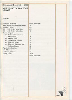 Contents page listing of annual report